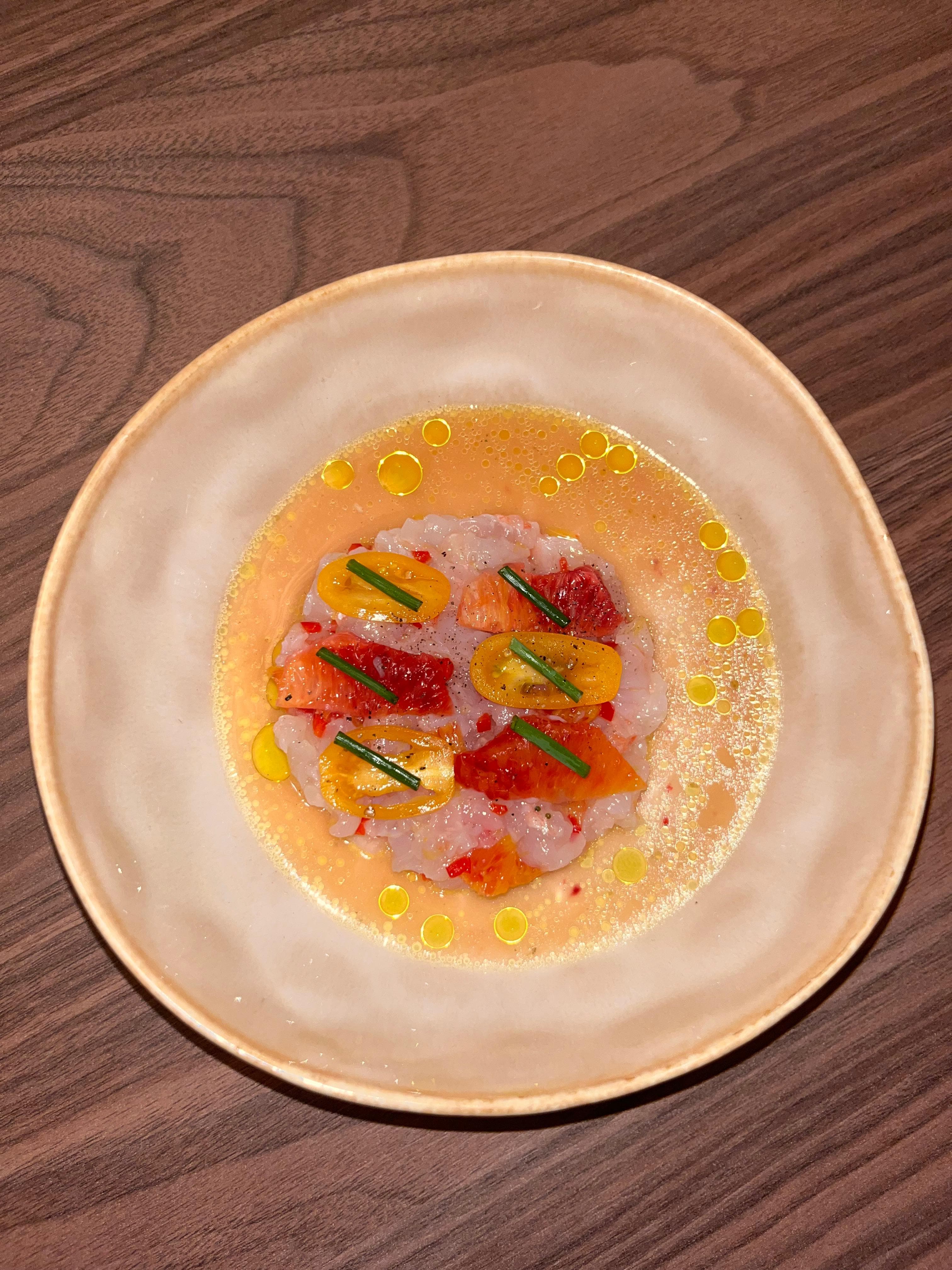 Langoustine Ceviche met Bloedsinasappel en Gele Tomaten